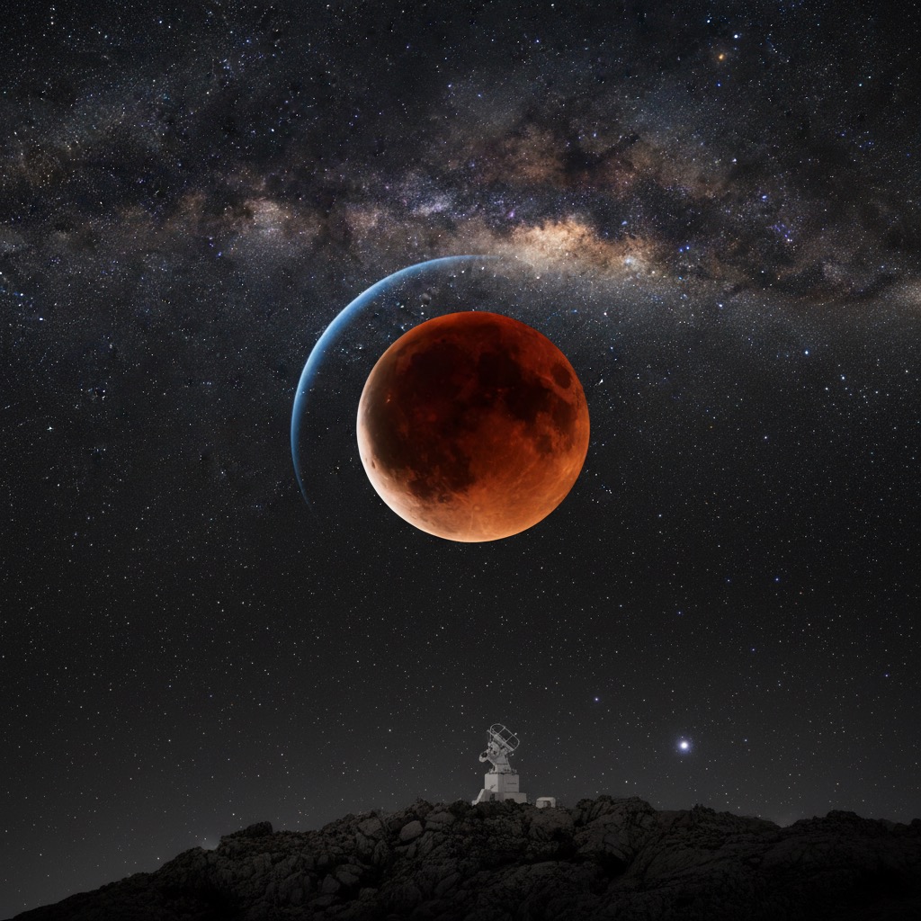 Un radiotelescopio osserva un'eclissi lunare totale sotto un cielo stellato con la Via Lattea visibile sullo sfondo.